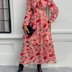 Fashion Florals Print Long Sleeve Dress Casual Holiday Tight-waisted V-neck Dresses Women Clothing