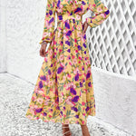 Fashion Florals Print Long Sleeve Dress Casual Holiday Tight-waisted V-neck Dresses Women Clothing